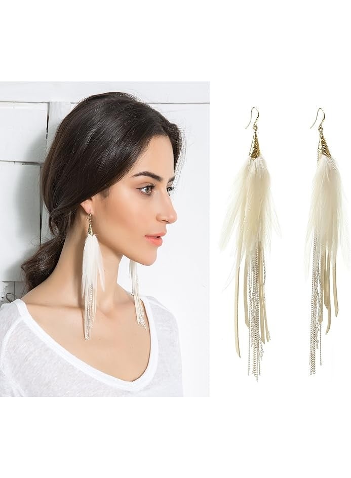 Badu Bohemian Feather Dangle Earrings for Women with Shell Beads Long Tassel Design Drop Earrings - Image 3